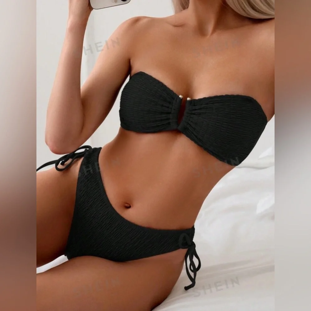 SHEIN Black Ribbed Bikini Set - Picture 1 of 4
